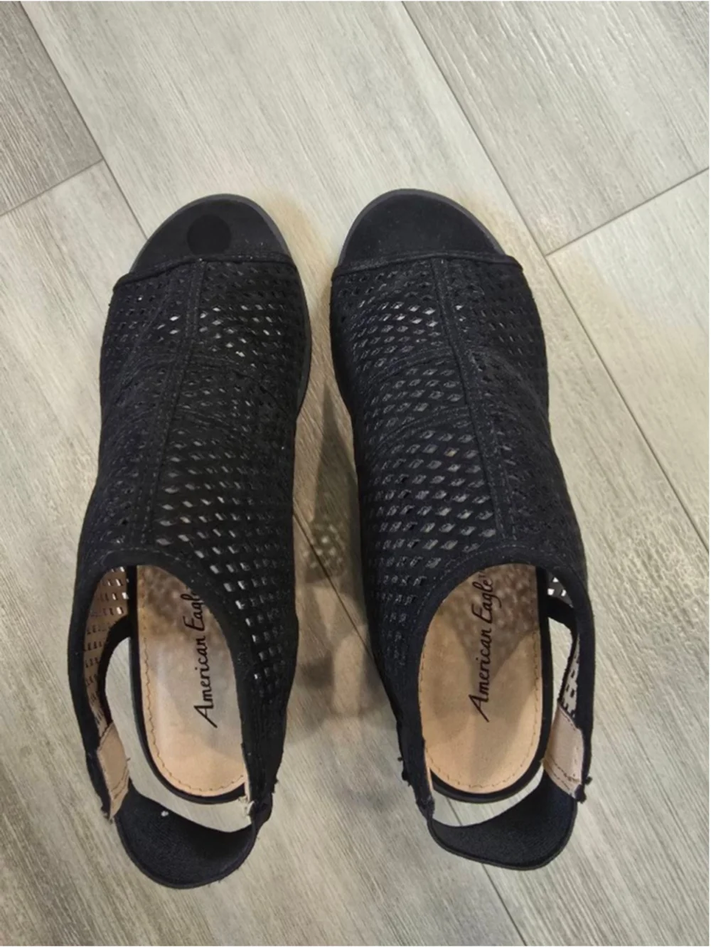 Women's American Eagle Black Mesh Peep Toe Wedges Size 6.5